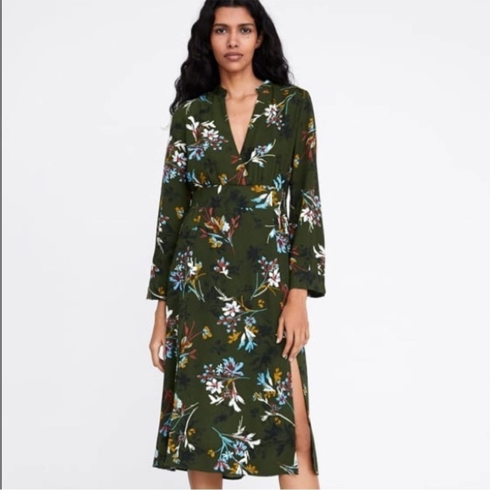 Zara Green Floral Long Sleeves V Neck Midi Dress A-Line XS